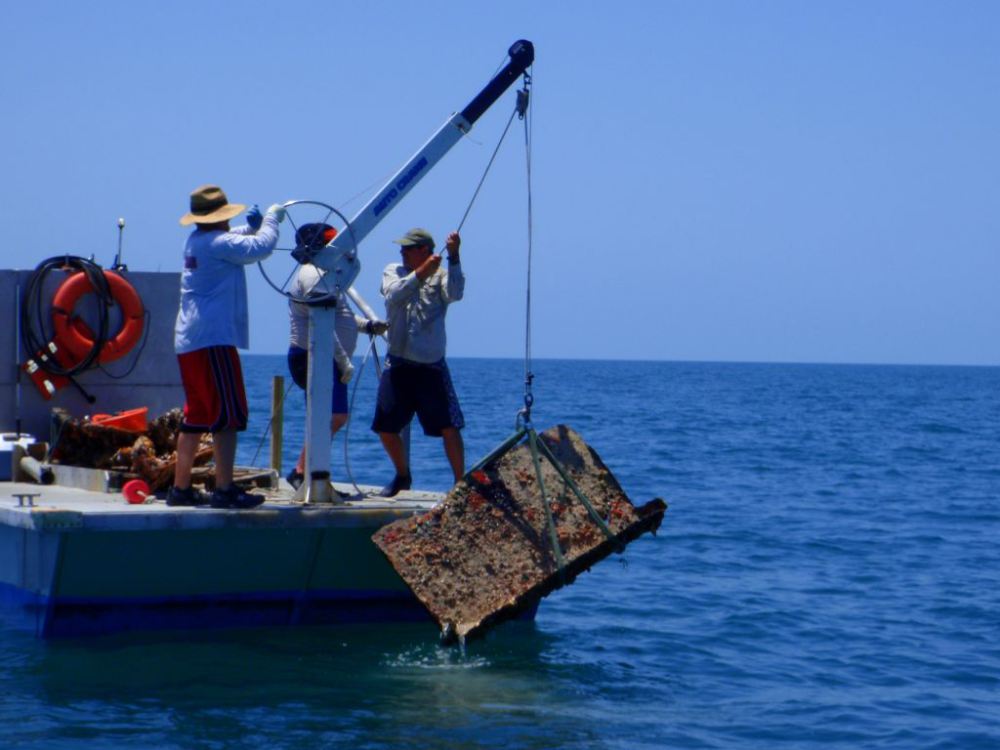 Crews on the surface pull a casita, an illegal structure used to lure in lobsters, from the waters of Florida Keys National Marine Sanctuary.