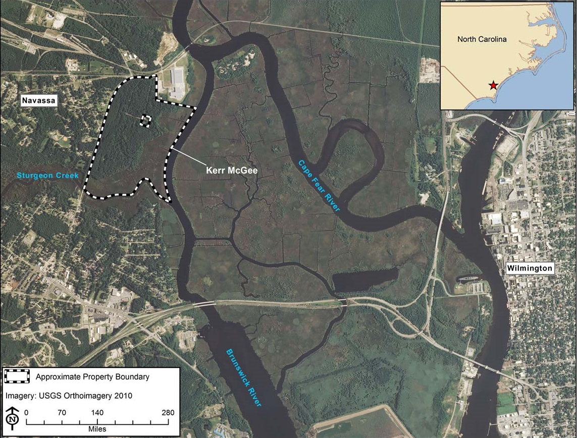 Aerial map illustration showing the location of the former Kerr-McKee  wood-treatment processing plant in Navassa, NC.