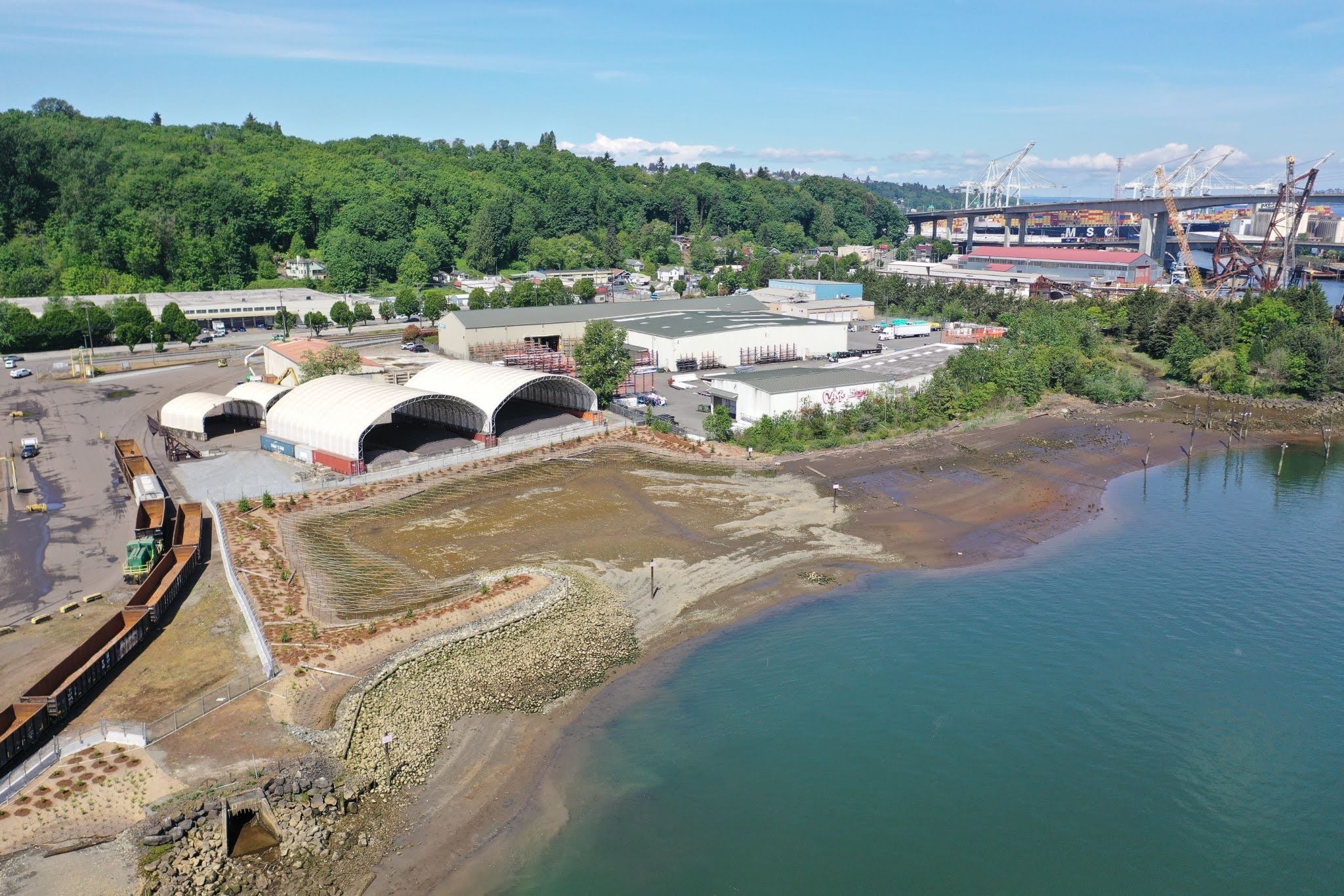 View of General Recycling Habitat Project following construction. Photo taken at low tide to show off-channel features (Photo: Floyd | Snider) The photo is an aerial picture of the Lower Duwamish River shoreline. In the lower right of the photo, there is a blue-green water body. In the center of the photo, there is an off-channel embayment with some small trees planted along the buffer. In the background of the photo, there is a parking lot and some white buildings