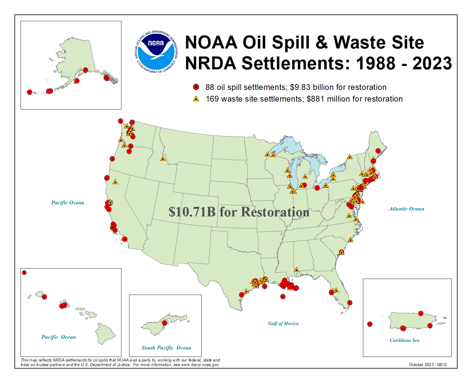 a map shows the oil spill and waste sites between 1988-2023