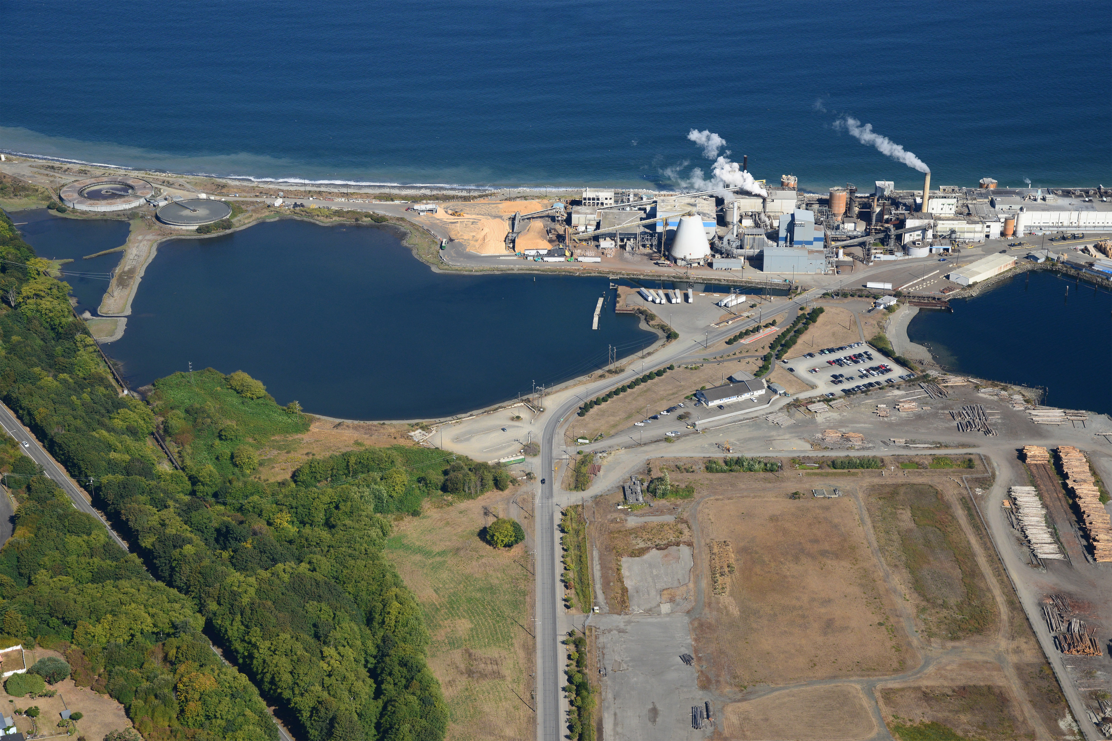 An aerial view of an industrial facility on the coast of Western Port Angeles Harbor.