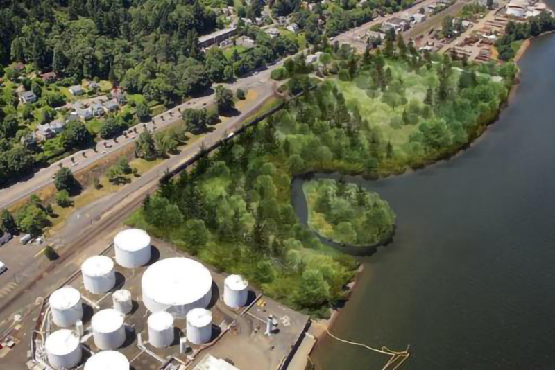 Aerial image of a rendering of what the Linnton Mill project site will look like after restoration.