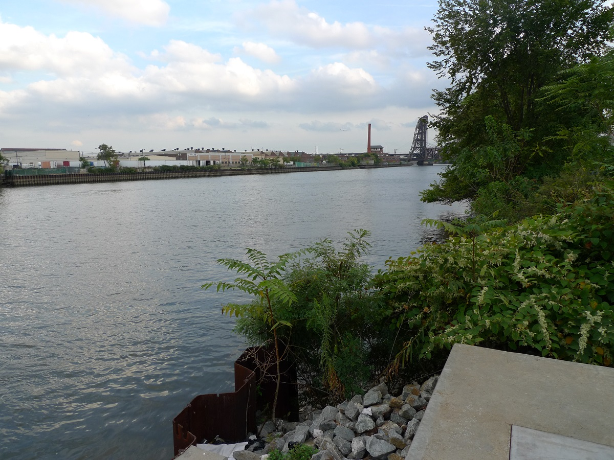a view of the Passaic River from a concrete seawall, with trees bordering the river. 