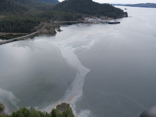 an oil slick is seen in the middle of a body of water from overhead with land in the background