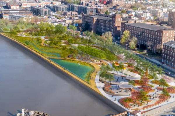 A graphic depicting a future restored park on the Passaic River in East Newark, New Jersey. 