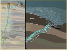 Figure 1. Illustration of the collapsed well jacket and damaged pipes from Taylor Energy’s Mississippi Canyon 20 Platform in the Gulf of Mexico. Credit: NOAA.