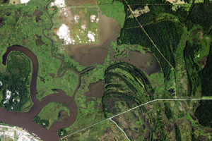 Aerial view of the Dupont Beaumont site and surrounding wetlands (Credit: NOAA). 