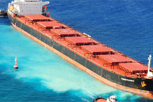 Pulverized corals cloud the water around grounded cargo ship VogeTrader 